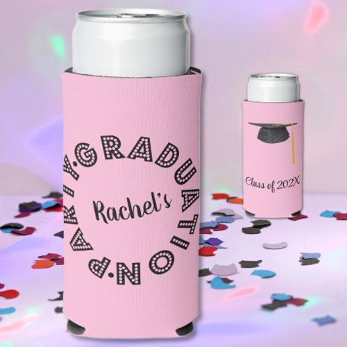 Add Your Photo Name Graduation Party Pink Seltzer Can Cooler