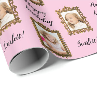 Add your PHOTO & NAME Pink Birthday Wrapping Paper