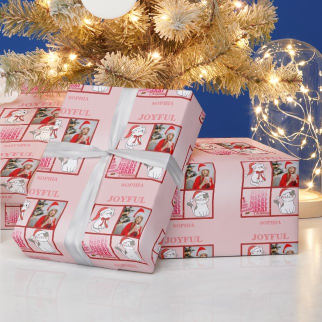 Add Your Photo On Cute Santa Cat Pink Background Wrapping Paper (Holidays)