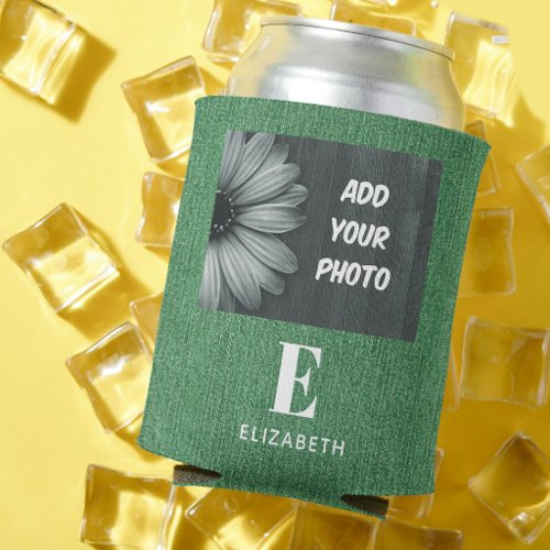Add Your Photo or Logo, Green Denim Print, Sporty Can Cooler