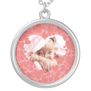 add your photo,pink,heart frame silver plated necklace