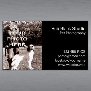 Add Your Photo Simple Black With White Text Business Card Magnet by jennsdoodleworld at Zazzle