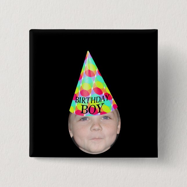 Add Your Photo To A Birthday Boy Party Hat Button (Front)