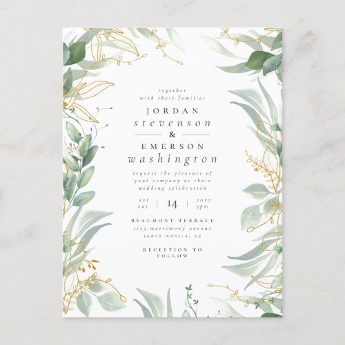 Add Your Photo  Watercolor Green  Gold Wedding Invitation Postcard