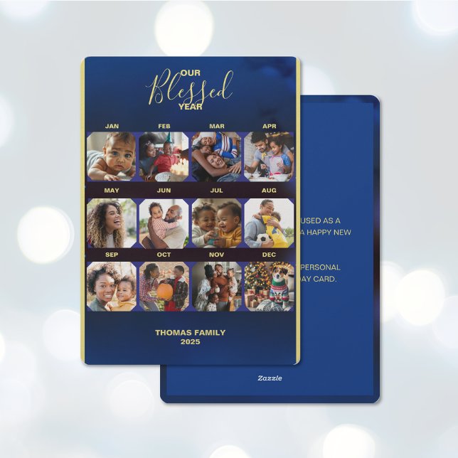 Add Your Photos Bless Year Blue Flat Holiday Card (Add Your Photos Bless Year Blue Flat Holiday Card (front and back))