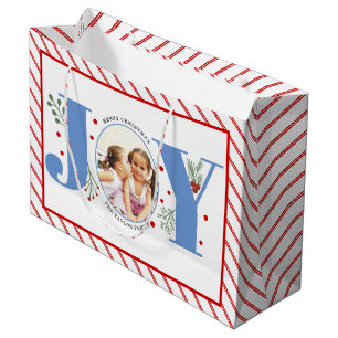 Add your photos blue JOY and red stripes Large Gift Bag
