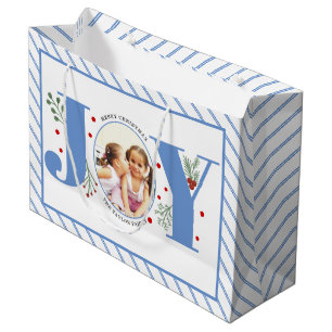 Add your photos blue JOY and stripes Large Gift Bag