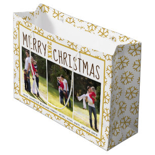 Add your photos Christmas gold glitter snowflake Large Gift Bag