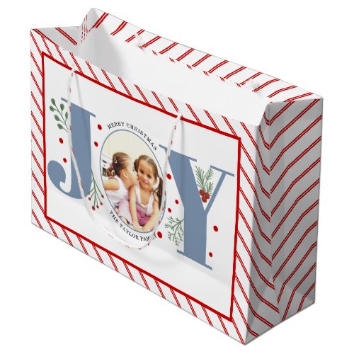 Add your photos dusty blue JOY and red stripes Large Gift Bag
