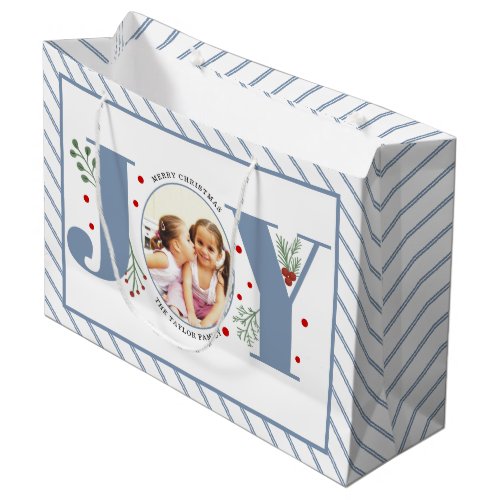 Add your photos dusty blue JOY and stripes Large Gift Bag