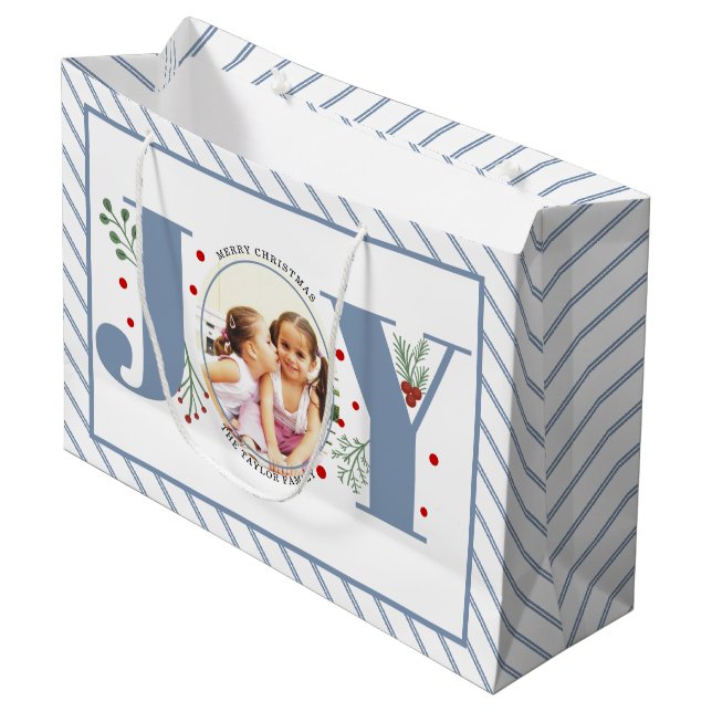 Add your photos dusty blue JOY and stripes Large Gift Bag (Front Angled)