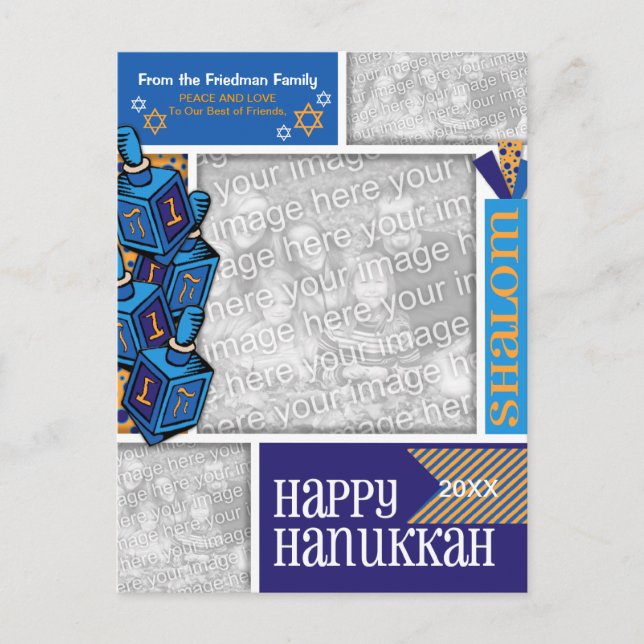 ADD YOUR PHOTOS Hanukkah Whimsical Dreidel Holiday Postcard (Front)