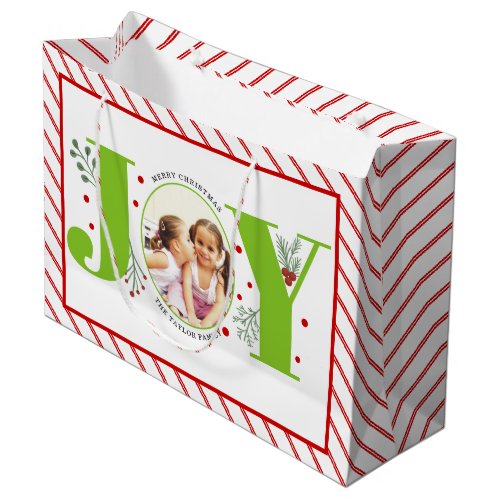 Add your photos lime green JOY and red stripes Large Gift Bag