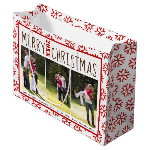 Add your photos Merry Christmas red snowflake Large Gift Bag