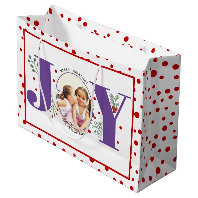 Add your photos purple JOY and red polka dots Large Gift Bag (Front Angled)