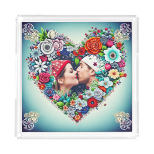 Add Your Picture Floral Heart Frame Acrylic Tray