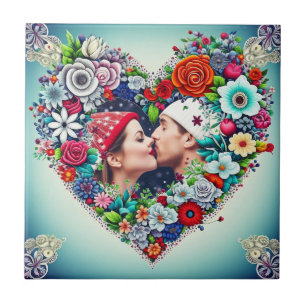 Add Your Picture   Floral Heart Frame Ceramic Tile
