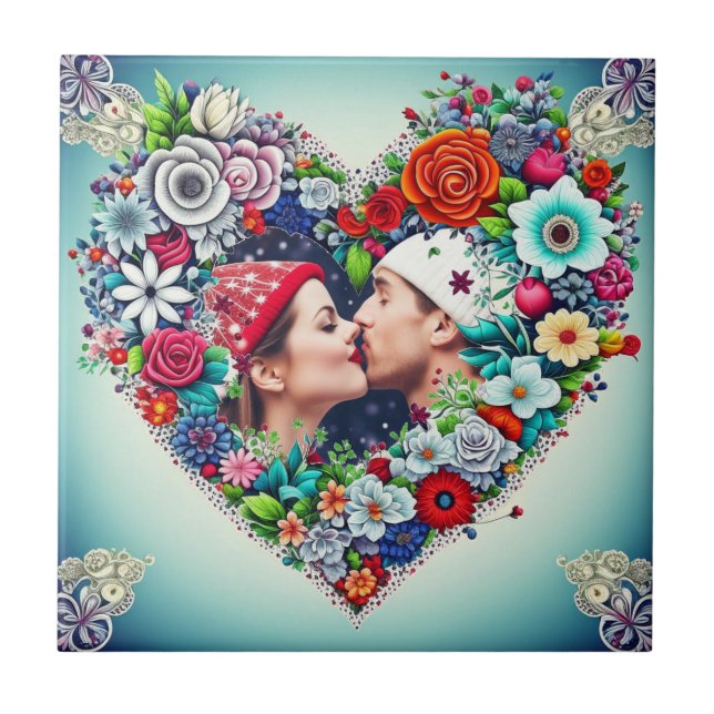 Add Your Picture | Floral Heart Frame Ceramic Tile (Front)
