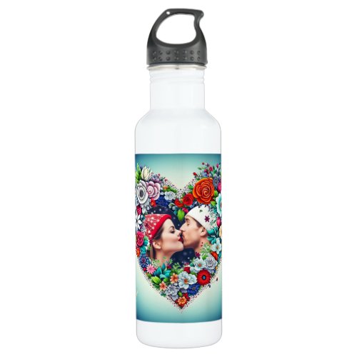 Add Your Picture  Floral Heart Frame Stainless Steel Water Bottle