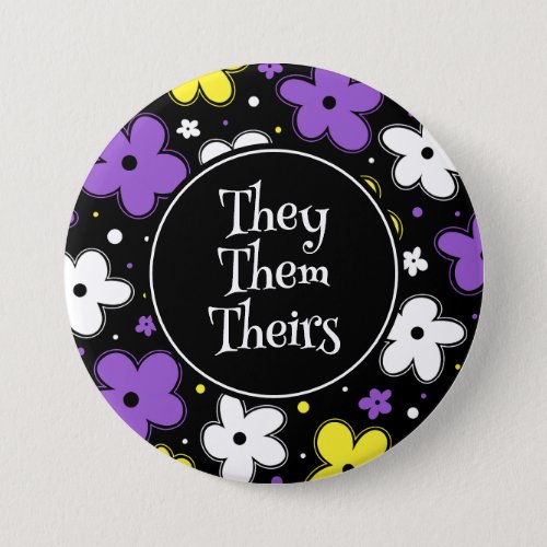ADD YOUR PRONOUNS Nonbinary Pride Flowers Doodle Button