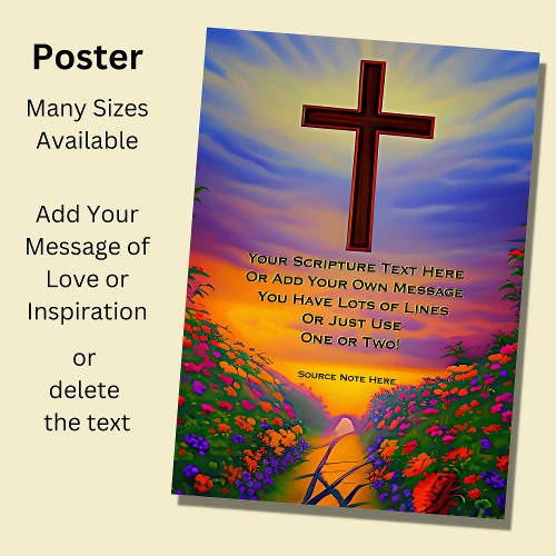 Add Your Scripture Christian Cross Sunset Garden Poster