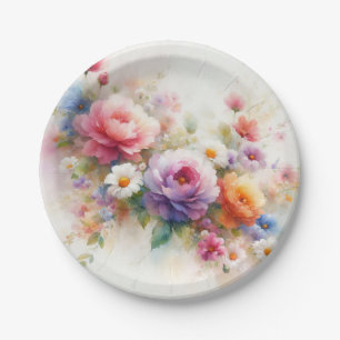Add Your Text Custom Watercolor Flowers Round Paper Plates