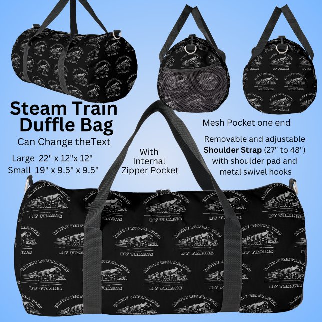 Add Your TEXT - Easily Distracted by Steam Trains Duffle Bag (Creator Uploaded)