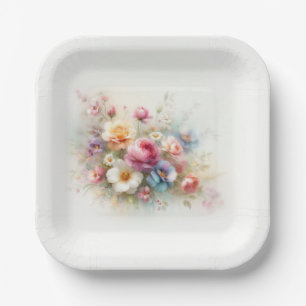 Add Your Text Elegant Template Watercolor Flowers Paper Plates