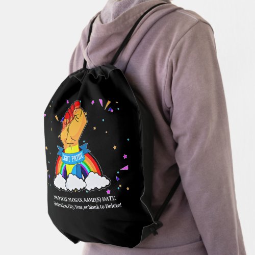 Add Your Text Gay Pride Rainbow Fist Clouds     Drawstring Bag