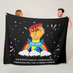 Add Your Text, Gay Pride Rainbow Fist Clouds Fleece Blanket