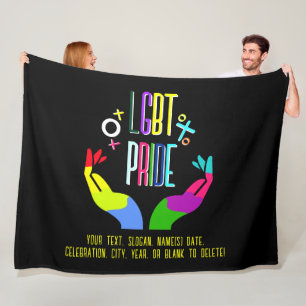 Add Your Text, LGBT Pride Rainbow Love Hands Black Fleece Blanket