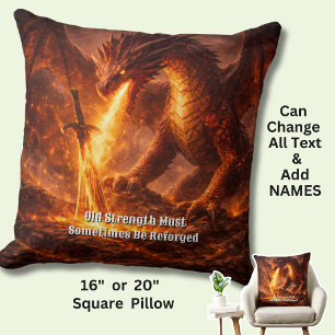 Add Your Text Name Fire Dragon with Sword Reforged Throw Pillow