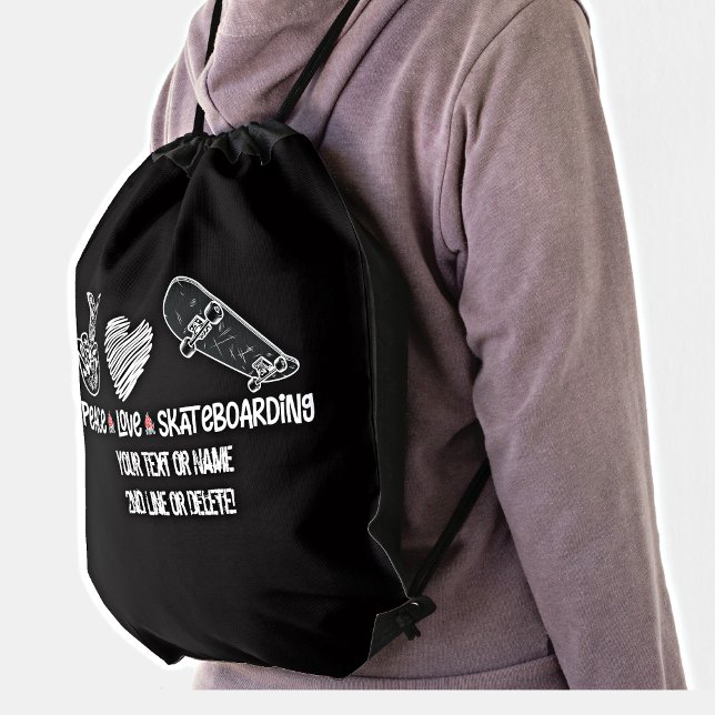 Add Your Text Name, Peace Love Skateboarding       Drawstring Bag (Creator Uploaded)