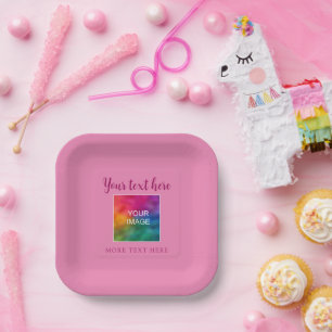 Add Your Text Name Photo Image Here Pink Square Paper Plates