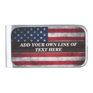 Add your text on American flag Silver Finish Money Clip