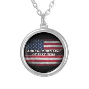 Add your text on American flag Silver Plated Necklace