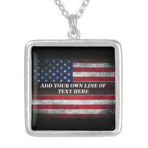 Add your text on American flag Silver Plated Necklace