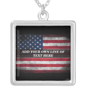 Add your text on American flag Silver Plated Necklace