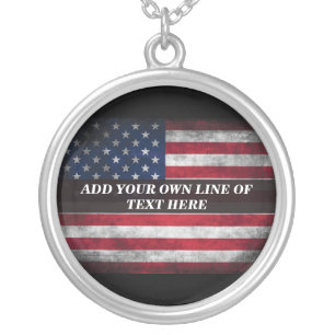 Add your text on American flag  Silver Plated Necklace