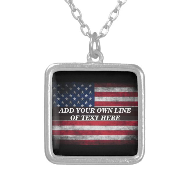Add your text on American flag  Silver Plated Necklace (Front)