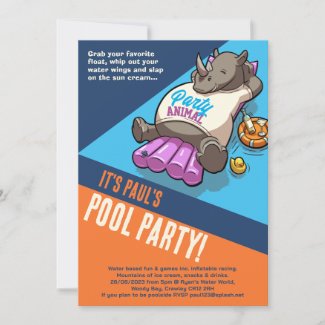 Add Your Text Party Animal Rhino Pool Cartoon Invitation