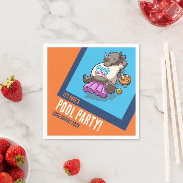 Add Your Text Party Animal Rhino Pool Cartoon Napkins (Insitu)