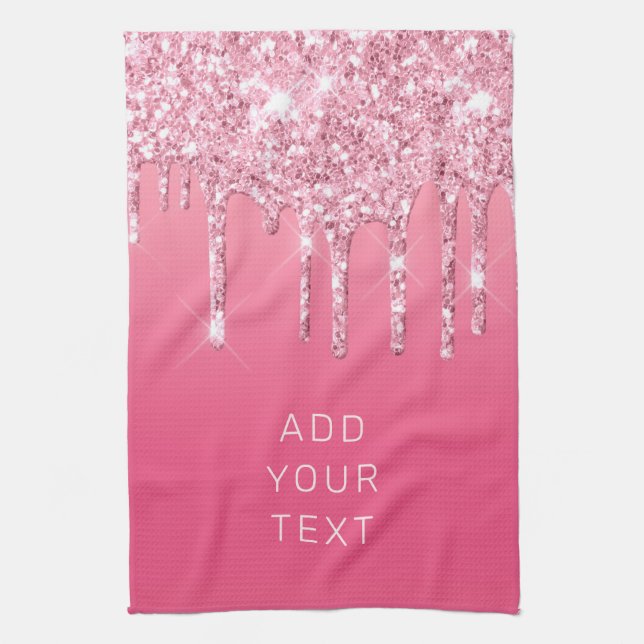 Add Your Text Pink Glitter Dripping Luxury Kitchen Towel (Vertical)