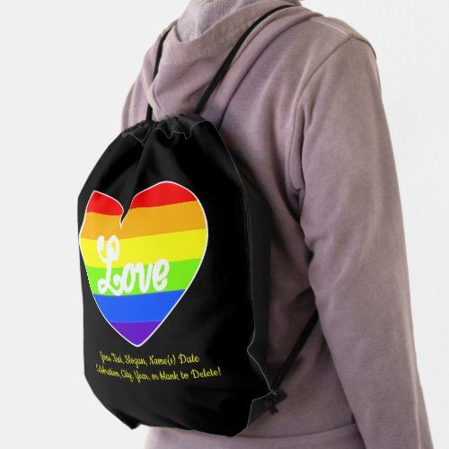 Add Your Text Rainbow Heart LOVE on Black  Drawstring Bag