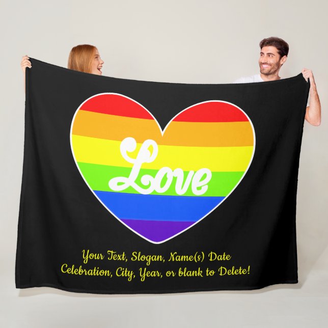 Add Your Text, Rainbow Heart LOVE on Large Black Fleece Blanket (In Situ)