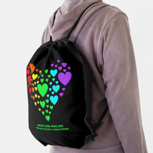 Add Your Text Rainbow Heart of Hearts on Black Drawstring Bag