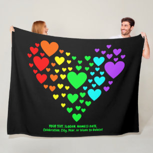 Add Your Text, Rainbow Heart of Hearts on Black Fleece Blanket