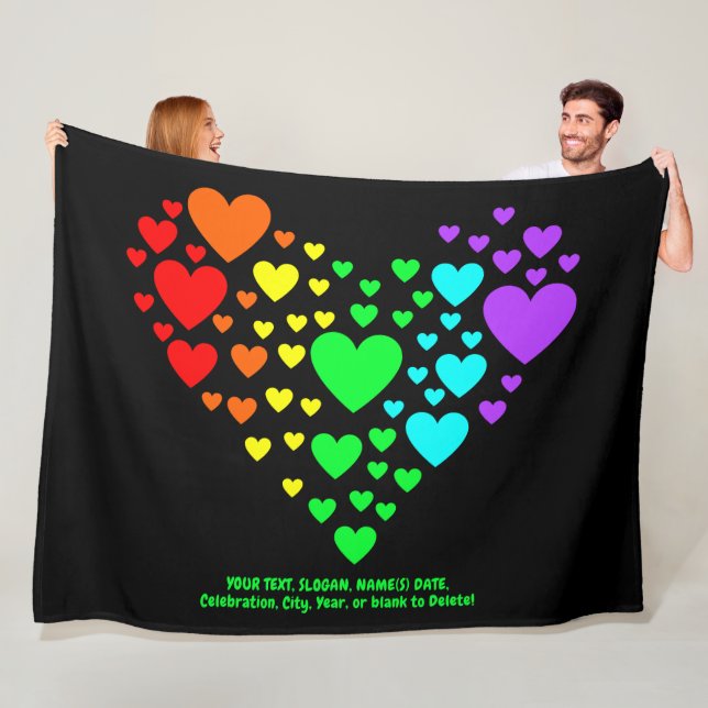 Add Your Text, Rainbow Heart of Hearts on Black  Fleece Blanket (In Situ)
