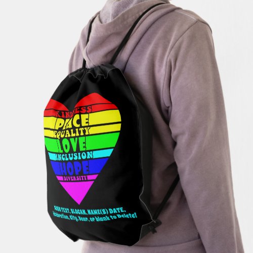 Add Your Text Rainbow Heart Peace Equality Love  Drawstring Bag