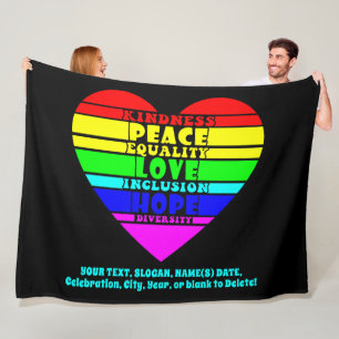 Add Your Text, Rainbow Heart Peace Equality Love,  Fleece Blanket
